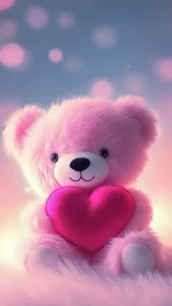 Pink plush teddy bear with heart and dreamy bokeh glow.