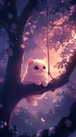 Luminous white kitten in twilight tree canopy with bokeh glow