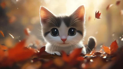 Luminous Kitten Among Autumn Leaves.