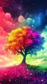 Chromatic dreamtree spills twilight colors across sky