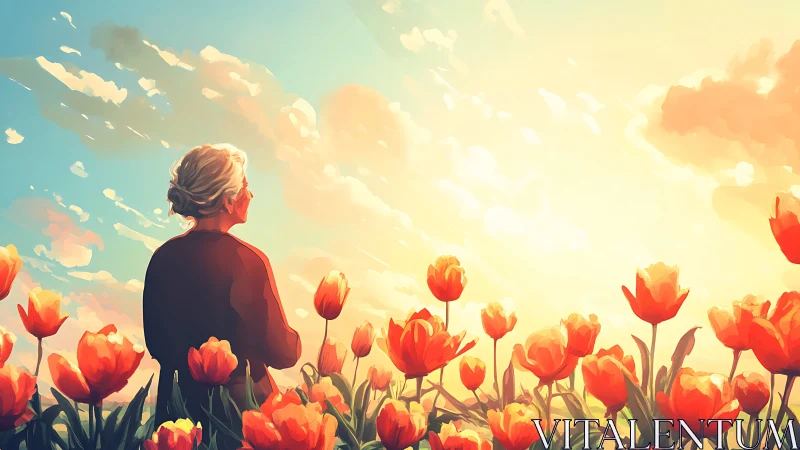 Elderly woman in tulip field under radiant sunset sky.