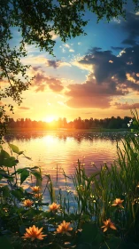 Sunlit lake margin captures floral foreground and glowing horizon