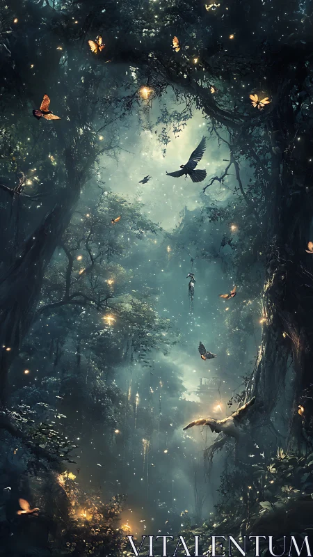 Dense forest gorge glows with fireflies, birds and butterflies