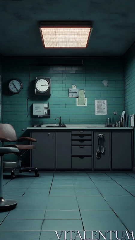 Clinical teal examination room rendered in moody 3D realism