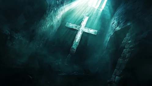 Decayed stone cross tilts under volumetric light in ruins