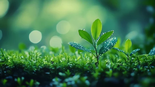 Dew-covered sprout in lush green forest, dreamy macro style.