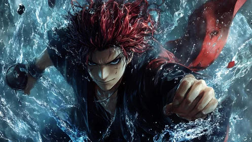 Red-haired anime warrior charges through crashing water.