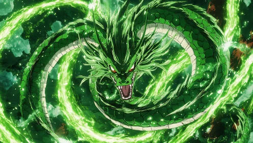 Serpentine green dragon encircled by radial energy rings