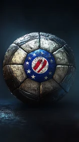 Weathered metallic soccer ball with heroic emblem center.