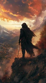 Cloaked wanderer measures the world from a burning sky