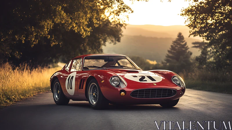 Vintage red race car is parked on a rural road at sunset