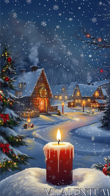 Glowing red candle warms a snowy Christmas village night