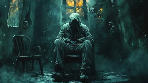 Hooded figure in decayed room with spectral skull apparitions