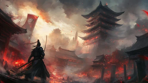 Armored swordsman in burning pagoda district at dusk.