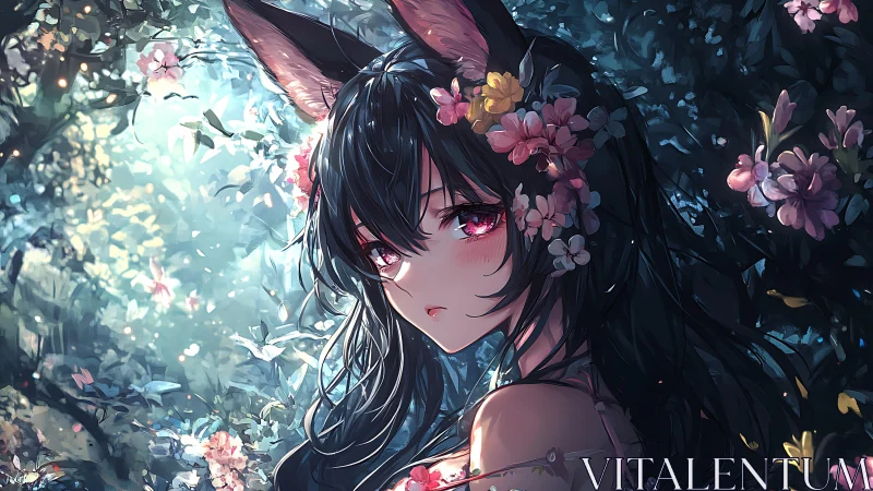 Forest fox-eared girl gazes back amid glowing blossoms.