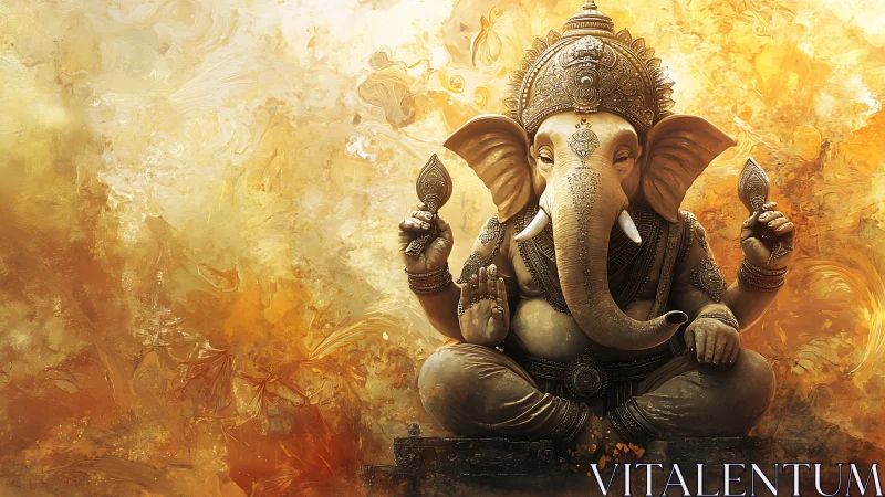 Elephant headed deity seated in ornate golden setting.
