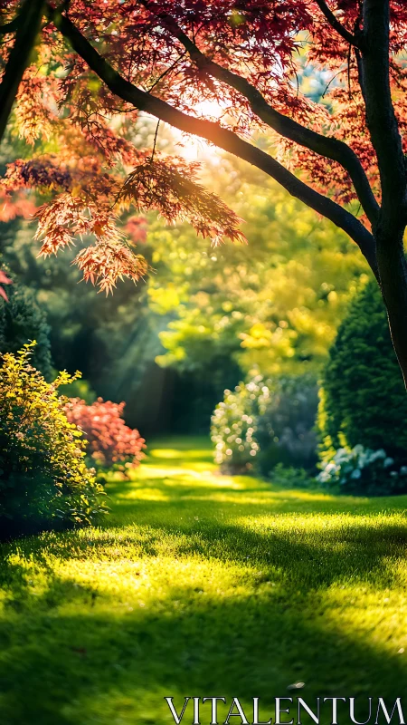 Sunlit garden path with Japanese maple and lush shrubs.