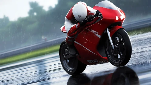 Motorcycle racer carves a wet track under driving rain