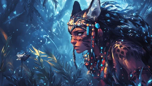 Mystic jungle huntress listening to the glowing night.