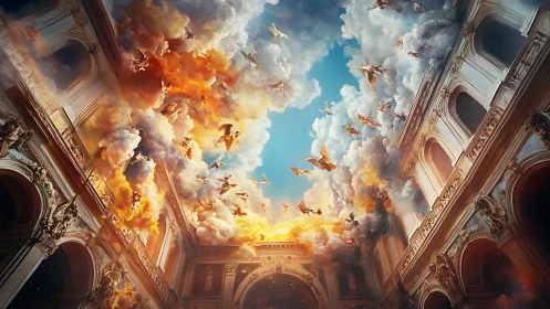 Classical courtyard beneath ascending clouds and figures.