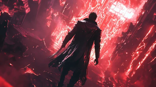Lone trenchcoat warrior strides through a burning crimson rift.