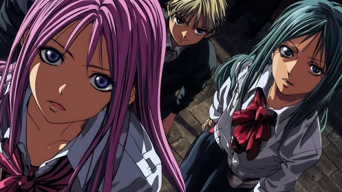 Anime trio confront viewer with intense upward gaze.