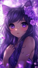 Purple haired catgirl portrait with floral headpiece in light.