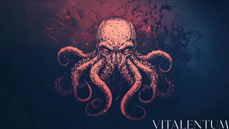 Eldritch octopus skull erupts from crimson nebula void.