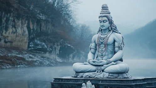 Serene meditative deity statue beside misty river bank.