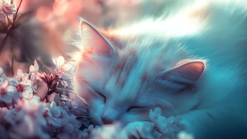Cat Resting Near Flowering Branches in Blurred Light
