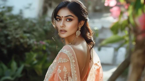 Woman in peach embroidered saree posing outdoors.