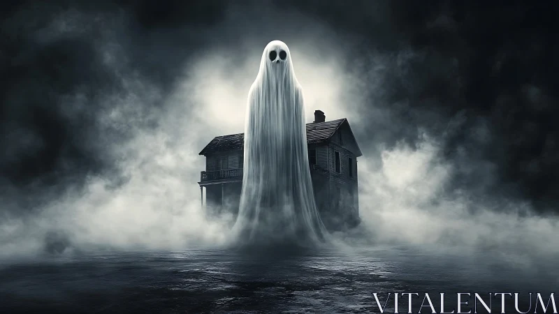 Gentle ghost drifting above a moody fog wrapped house.