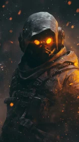 Postapocalyptic soldier with burning eyes in smoke storm.