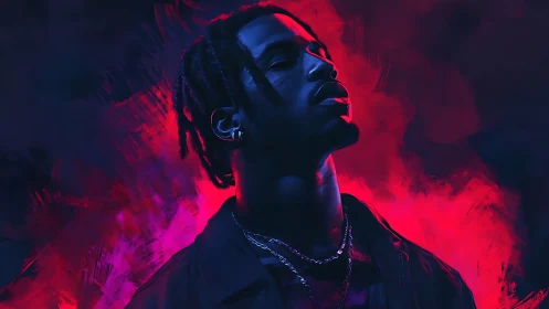 Neon-lit male portrait in moody digital painting chiaroscuro.