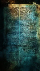 Aged bilingual text page with grunge overlay and cyan tonal vignettes