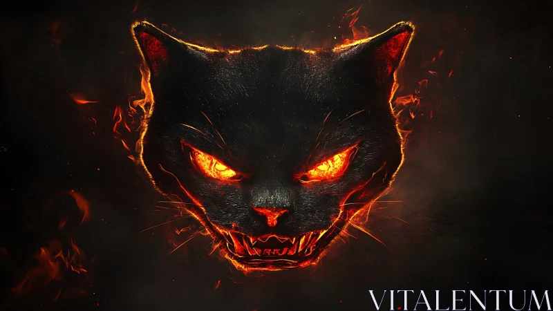 Fiery demonic black cat head with glowing molten eyes.