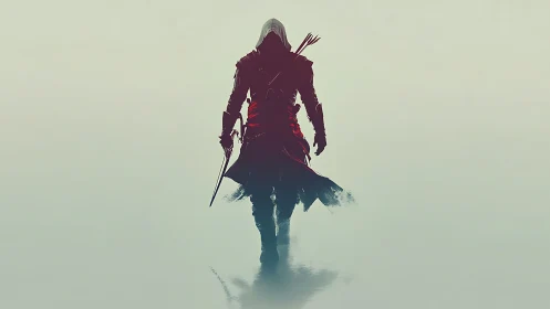 Hooded armed figure walks forward through misty water