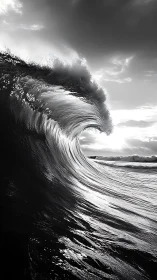 Monochrome breaking wave in dramatic high-contrast seascape.
