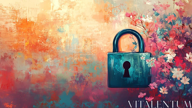 Textured padlock amid floral blooms contrasts security and chaos