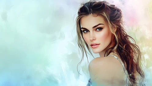 Softly glowing portrait of a dreamy, modern muse in pastels.