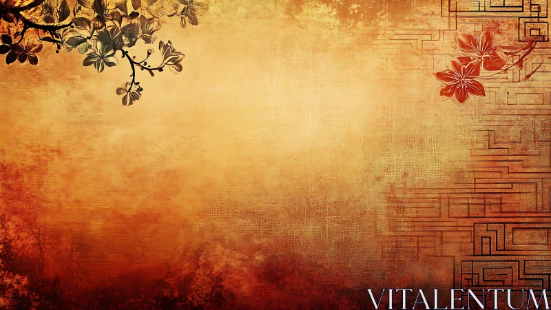 Floral branches on textured orange and red abstract background.