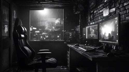 Rainlit cyberpunk battlestation overlooking neon cityscape.