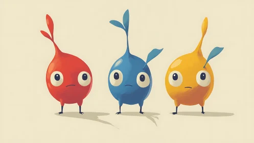 Three colorful round creatures stand against pale background