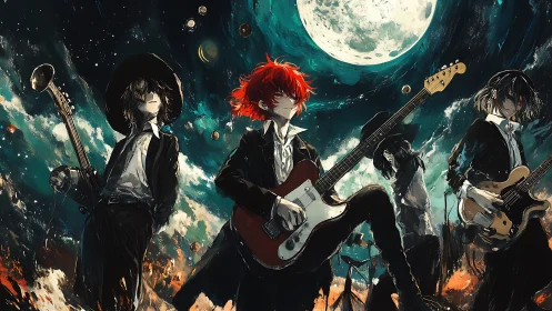 Moonlit anime rock band ignites stormy cosmic skyline.