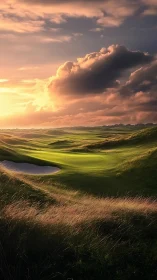 Sunset fairway drifts through windswept dunes and glowing sky.