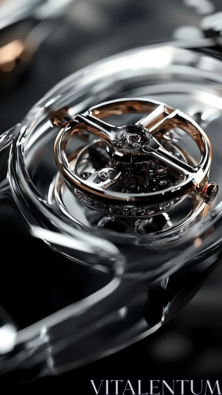 Macro study of skeletonized tourbillon escapement in polished sapphire cage