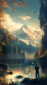 Solitary angler beneath sunrise-kissed alpine crown of fire.