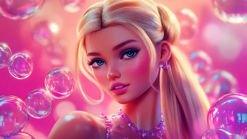 Bubble-kissed blonde beauty in neon pink dreamscape glow.
