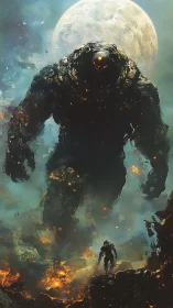 Colossal molten golem towers over lone soldier beneath moon