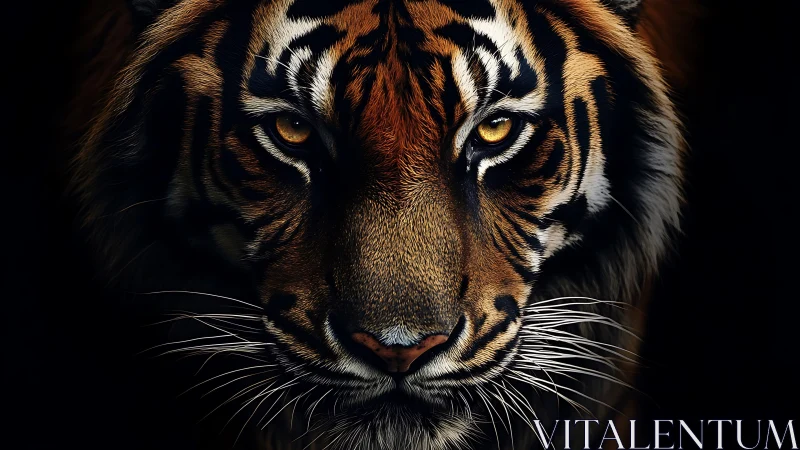 Tiger face rendered in extreme close-up with high contrast light.